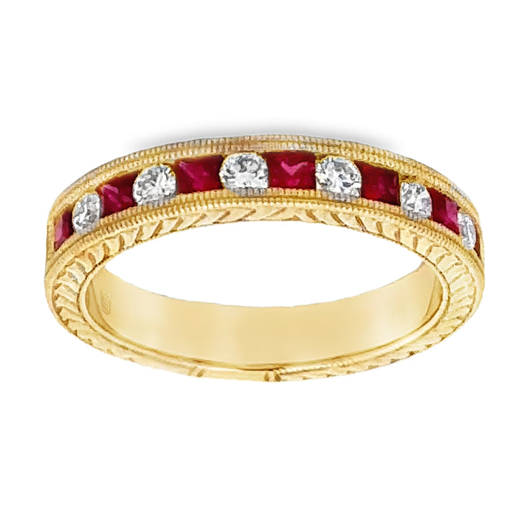 14Kt Yellow Gold Ring with .57TW Rubies and .26TW Diamonds. Stock size 6.5 can be sized.  Dimensions; 3.8mm wide, 2.12mm high on finger.