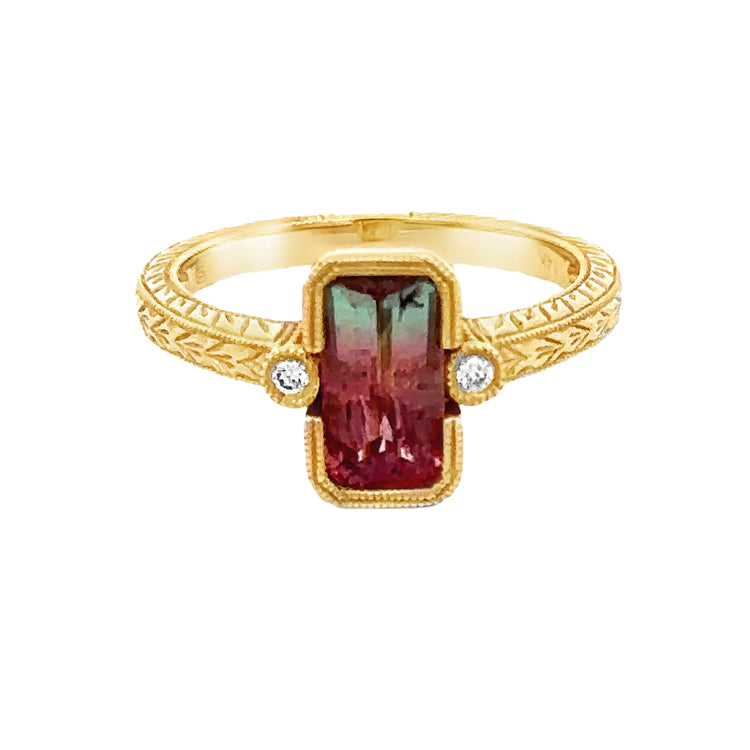 14Kt Yellow Gold Ring with a vintage look engraved design and set with 1.32ct Emerald-cut &quot;watermelon&quot; Bi-color Tourmaline and .04tw Diamonds  Dimensions; 10.67mm X 9.87mm top, 2.25mm shank