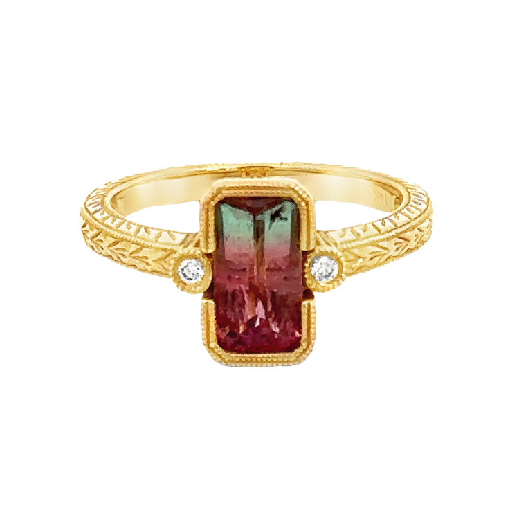 14Kt Yellow Gold Ring with a vintage look engraved design and set with 1.32ct Emerald-cut &quot;watermelon&quot; Bi-color Tourmaline and .04tw Diamonds  Dimensions; 10.67mm X 9.87mm top, 2.25mm shank