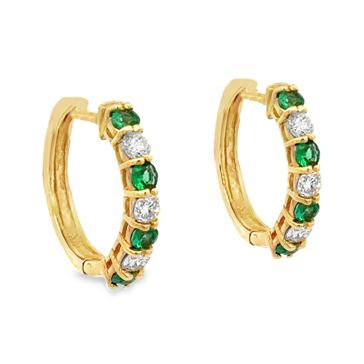 Emerald and Diamond Hoop Earrings, 14Kt