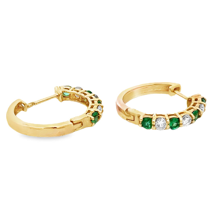 Emerald and Diamond Hoop Earrings, 14Kt