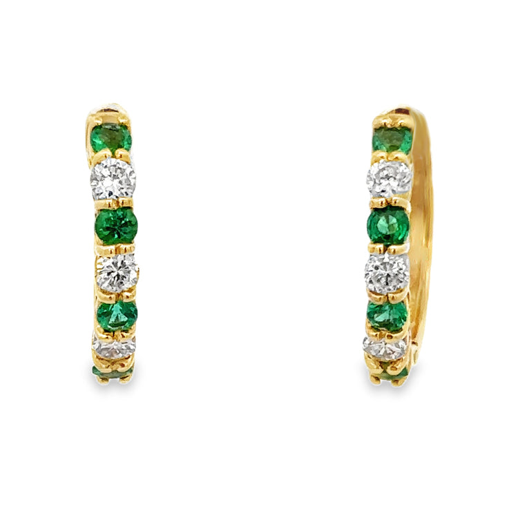 Emerald and Diamond Hoop Earrings, 14Kt