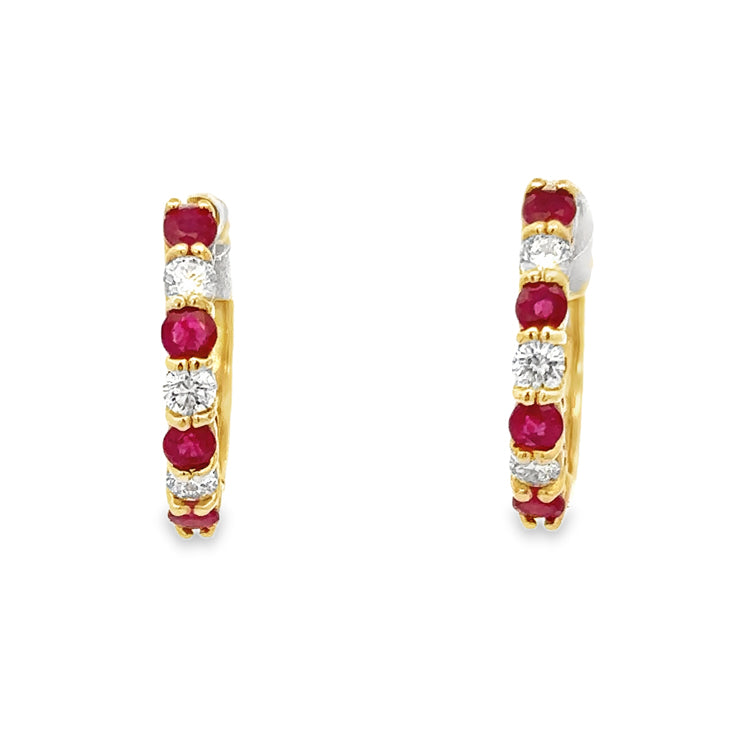 Ruby and Diamond Hoop Earrings, 14Kt