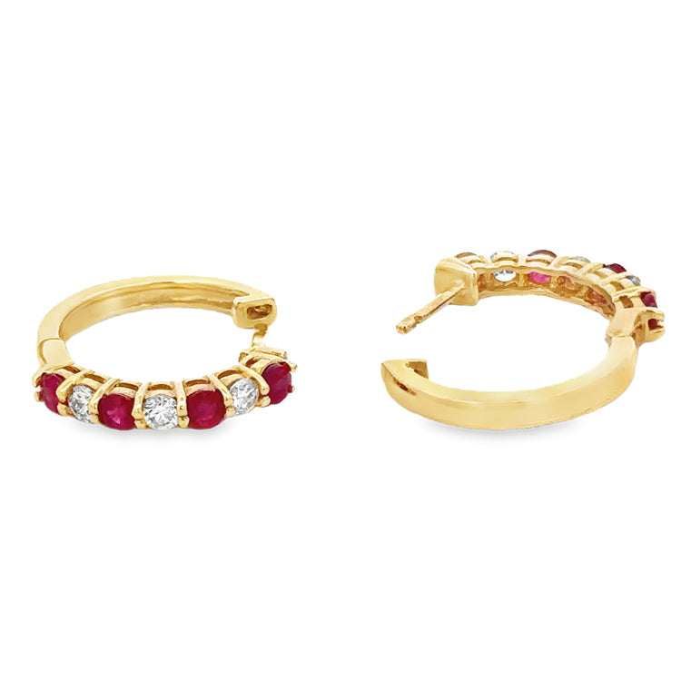 Ruby and Diamond Hoop Earrings, 14Kt