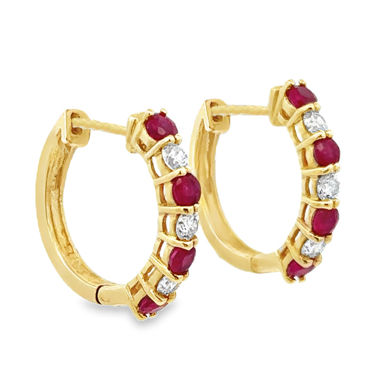 Ruby and Diamond Hoop Earrings, 14Kt