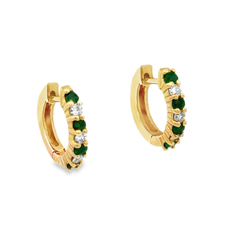 Emerald and Diamond Hoop Earrings, 14Kt