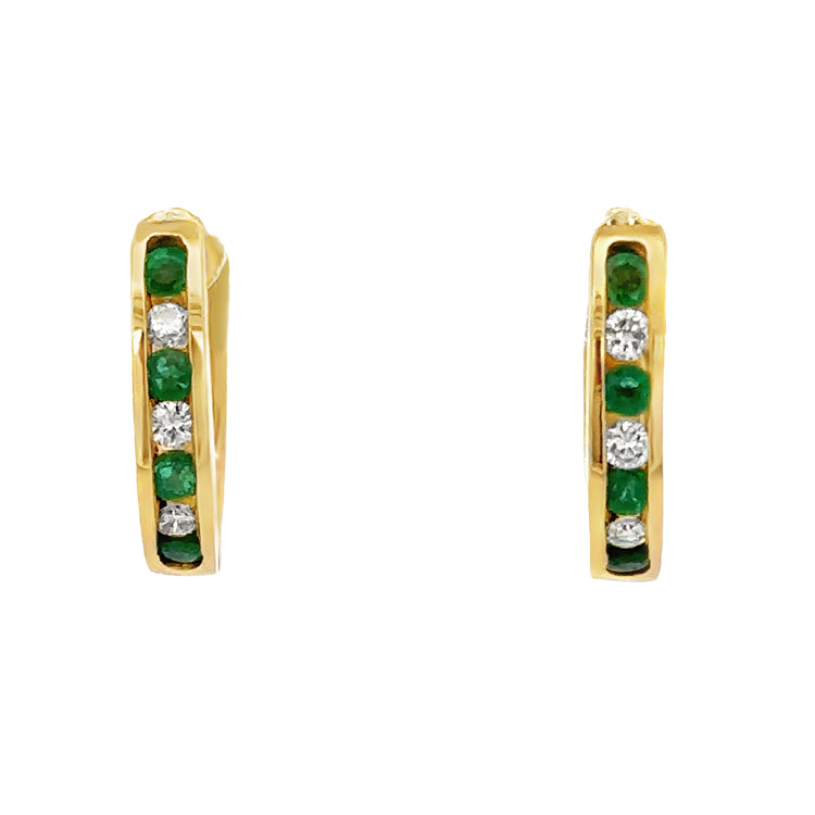 Emerald and Diamond Hoop Earrings, 14Kt