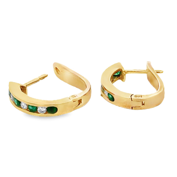 Emerald and Diamond Hoop Earrings, 14Kt