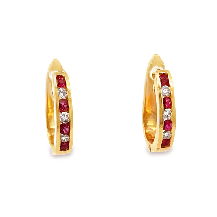 Ruby and Diamond Hoop Earrings, 14Kt