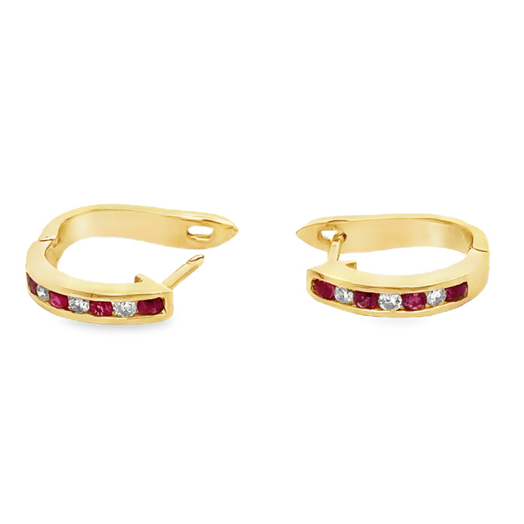 Ruby and Diamond Hoop Earrings, 14Kt