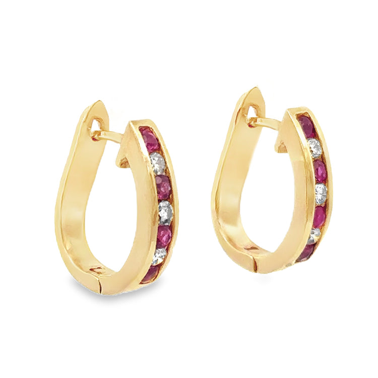 Ruby and Diamond Hoop Earrings, 14Kt