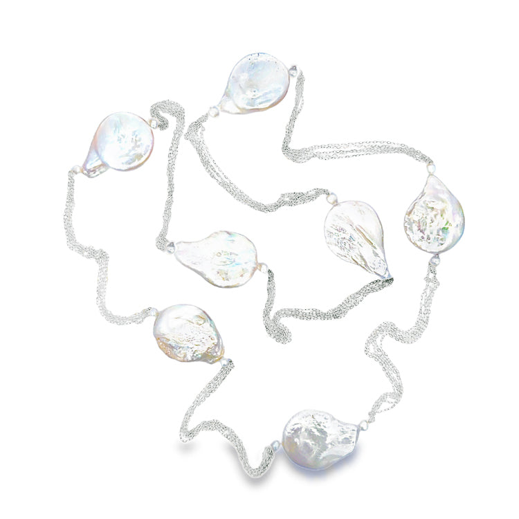 A 32-inch necklace featuring five strands of sterling silver with teardrop-shaped baroque freshwater pearls and semi-round freshwater pearls.