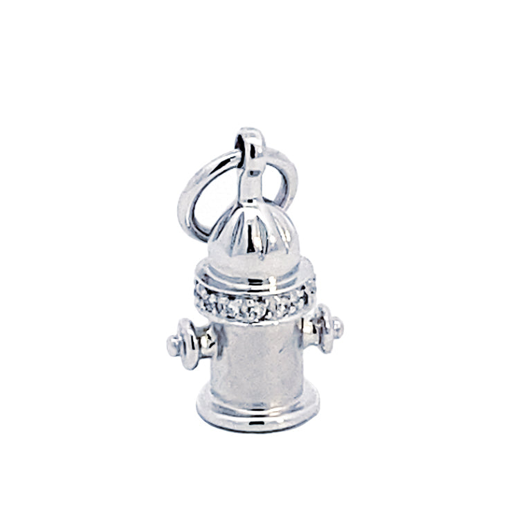 White gold fire hydrant charm with diamond accents.