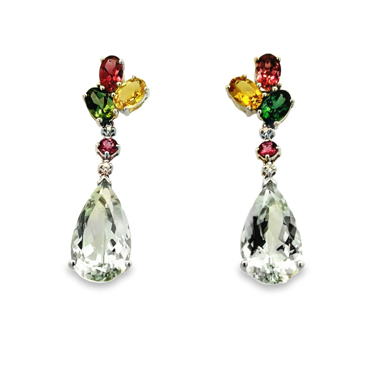 Green Amethyst and Tourmaline Earrings, 18Kt