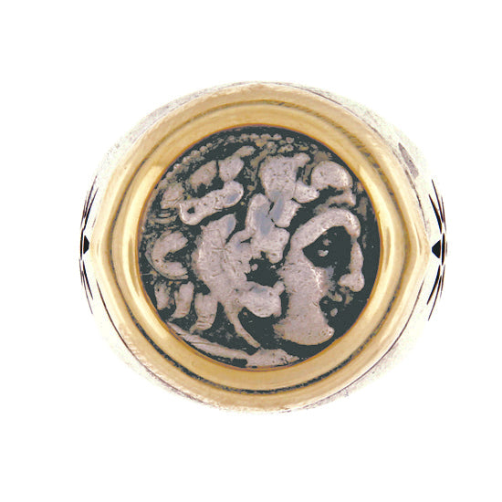 Silver and gold ring with an ancient Greek  Alexander the Great AR drachm coin featuring a bust of Herakles