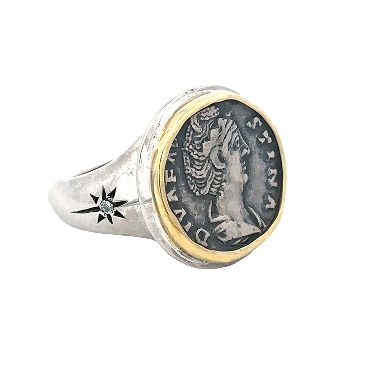 Ancient Roman &quot;Diva Faustina&quot; AR Denarius Sterling &amp; 18Kt Ring