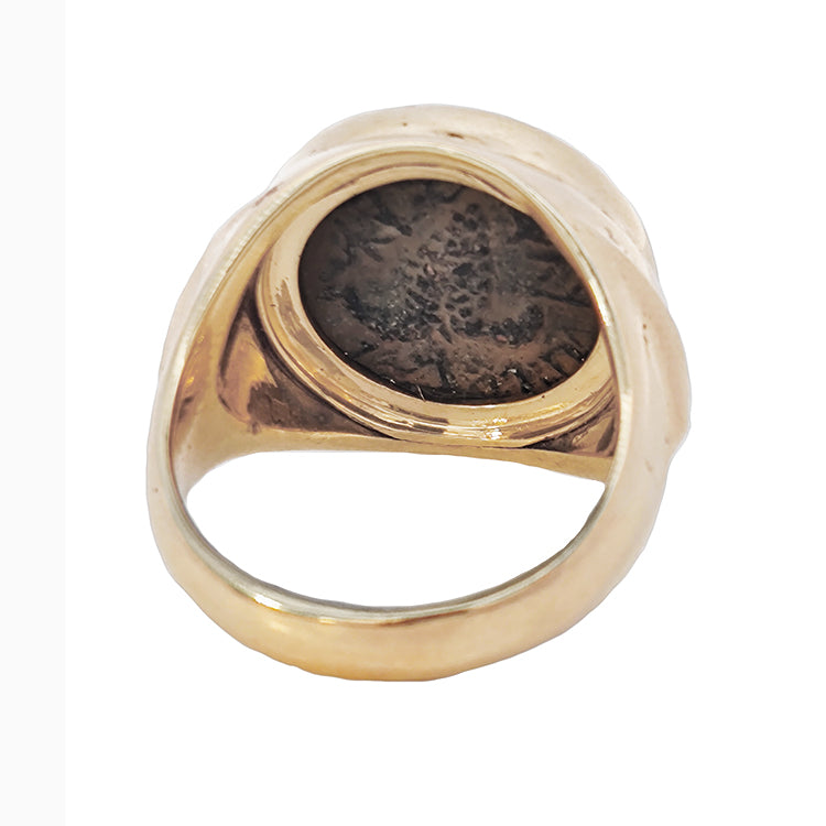 Bronze Half Ma-ah &quot;Bar- Kochba &quot; Coin In 14Kt Gold Ring