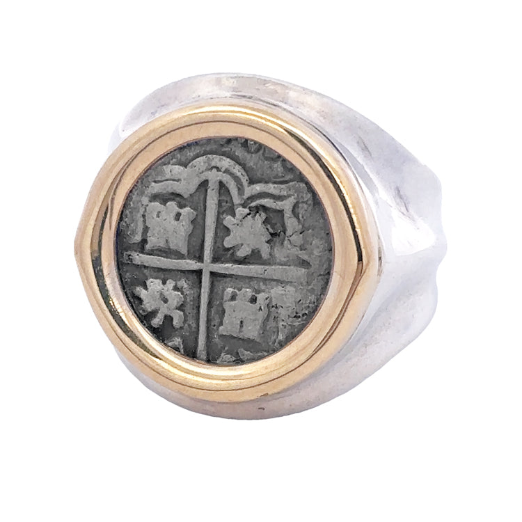 Spanish Cob Coin Ring - 1 reale in Sterling &amp;18Kt