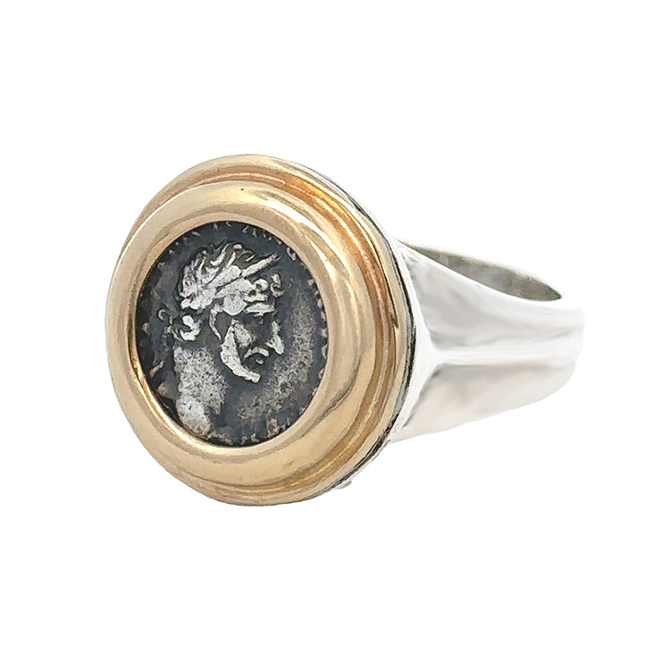 Ancient Roman Siliqua Coin Ring, Sterling silver &amp; 18Kt Gold