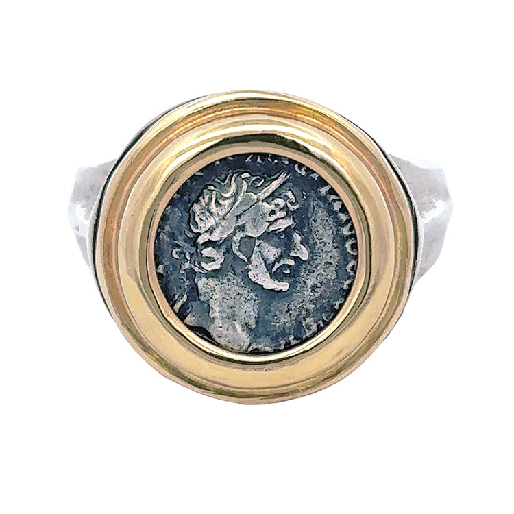 Ancient Roman Siliqua Coin Ring, Sterling silver &amp; 18Kt Gold