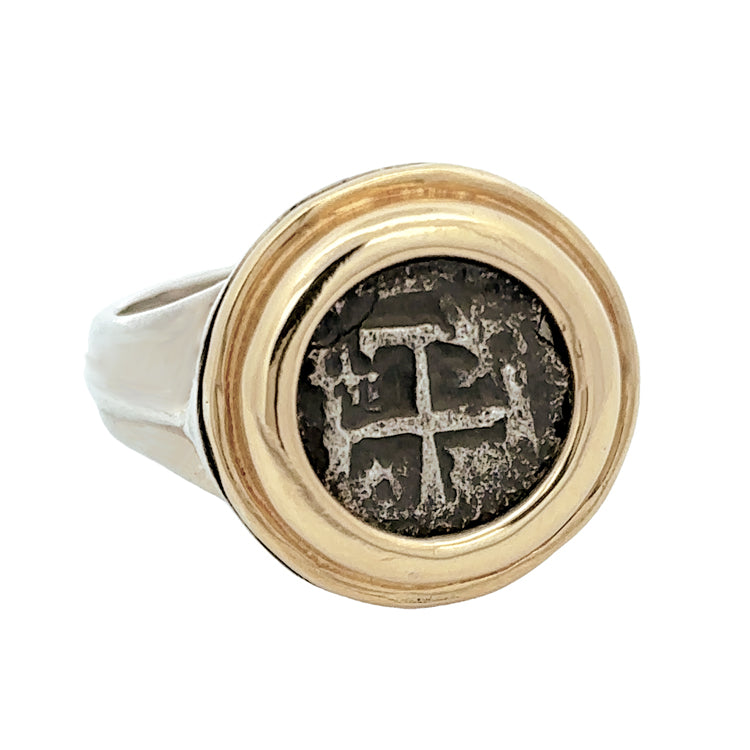 Spanish Cob Coin Ring - Half Reale in Sterling &amp; 18Kt