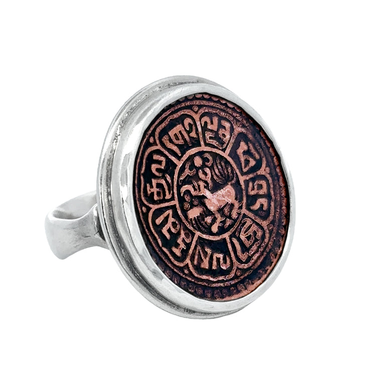 Tibetan Copper Sho Coin Ring Sterling