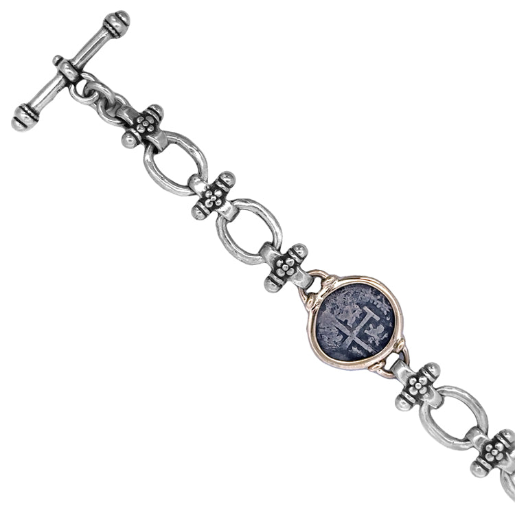 Spanish Cob Coin Bracelet - 1/2 reale in Sterling &amp;14Kt