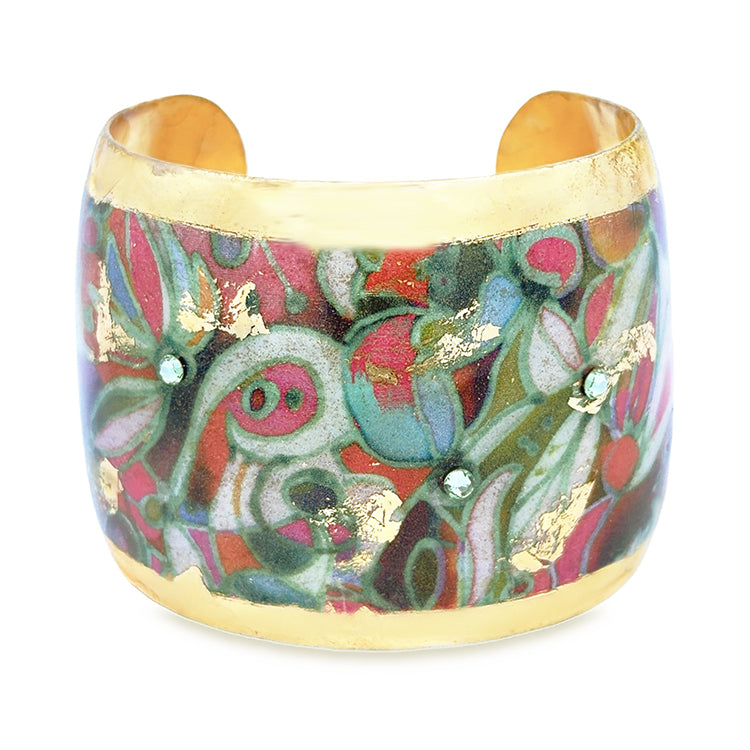 Colorful patterned cuff bracelet with gold accents 