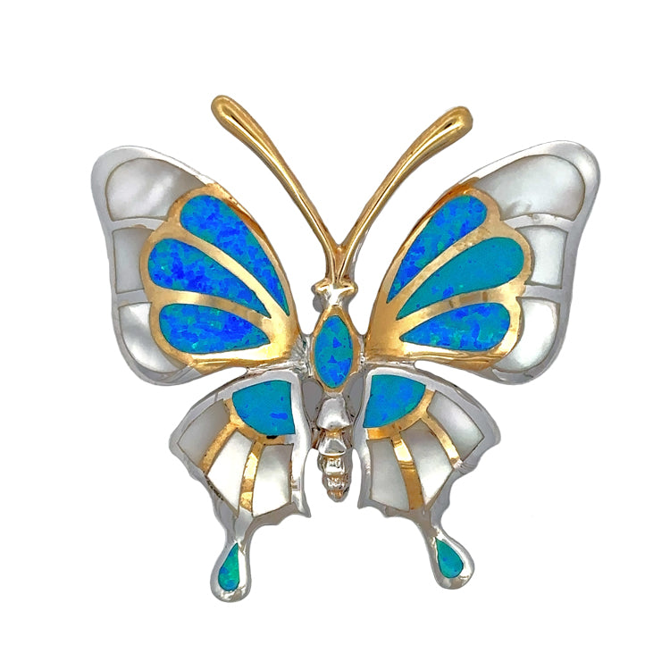 Adorn yourself with this beautiful butterfly pin/pendant crafted in sterling silver, accented with 18kt gold plating and featuring  lab-created blue opal and mother-of-pearl. From the renowned maker Kovel, this stunning jewelry piece measures 1-3/4&quot; x 1-3/4&quot; and radiates luxury. Capture the splendor and make a fashion statement that will last a lifetime!
