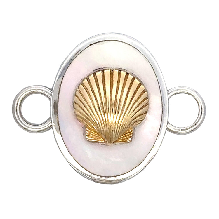 Oval White Mother-of-Pearl with Scallop Bracelet Topper by Kovel.   Made from 925 Rhodium Silver with Delicate 18Kt Gold Accent Plating.
