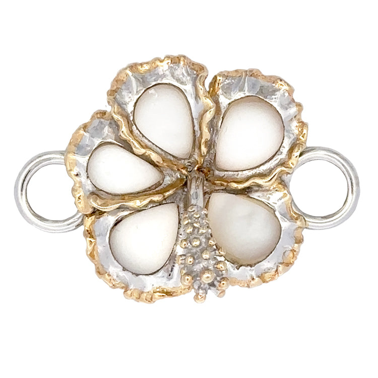  A stunning accent to your style, this Hibiscus Flower Bracelet Topper features lustrous  Mother-of-Pearl. Expertly forged from 925 Rhodium Silver with Delicate 18Kt Gold Accent Plating, it offers a beautiful touch of sophistication. At 1-3/8  x 1&quot; in size, it&#39;s the perfect addition to any ensemble.