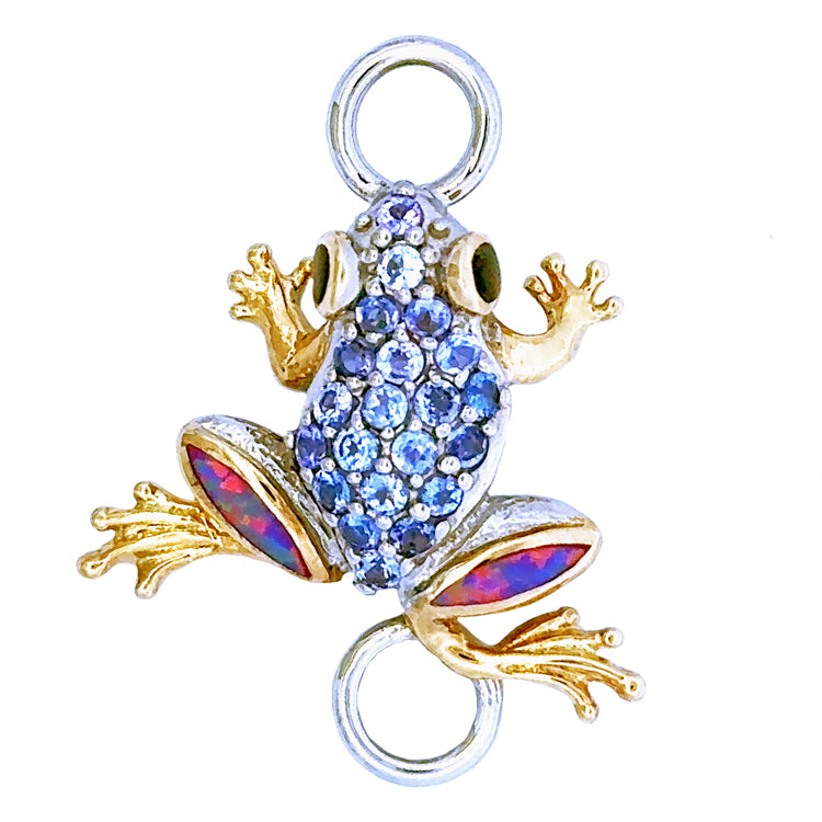  Kovel's Frog Bracelet Topper is a jewel-encrusted beauty, boasting a sparkly Tanzanite body with  eye-catching Lab Created Opal Legs and Eyes. Set in 925 Rhodium Silver with 18Kt Gold Accent Plating, it's a dazzling 1-1/4" long & 1-1/4" wide. Magnificent! 