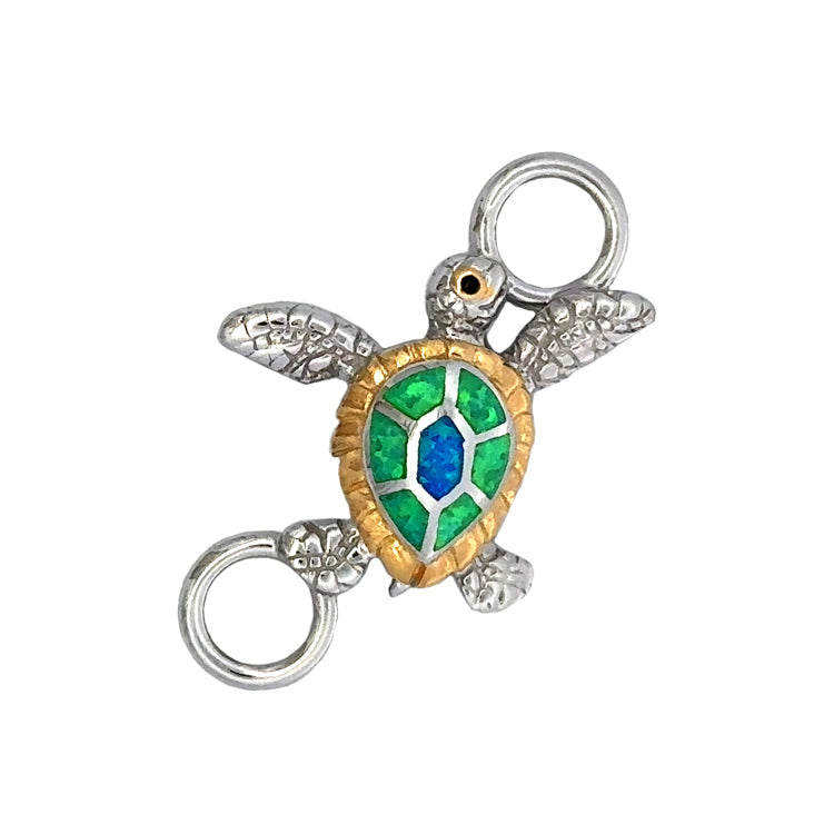 Petite Turtle Bracelet Topper with Pacific Blue and Kiwi Lab Created Opal by Kovel.  Made from 925 Rhodium Silver with Delicate 18Kt Gold Accent Plating