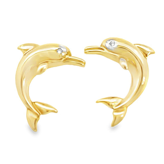 A pair of 14Kt yellow gold dolphin-shaped post earrings with small diamonds on the front side.
