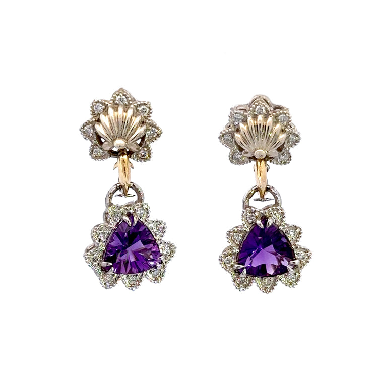 14Kt White Gold Scallop with Diamonds and Amethyst Dangles, joined by Yellow Gold Dolphins.