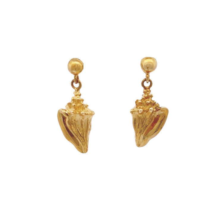 14Kt Yellow Gold Conch Shell Dangle Ball Drop Post Earrings