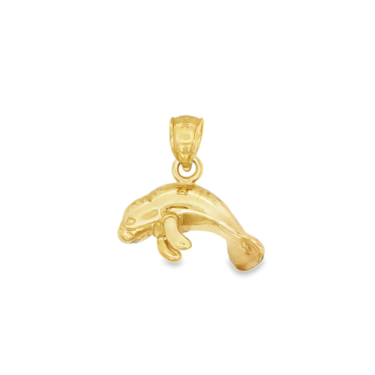 14Kt Yellow Gold Small Swimming Manatee Pendant, open back.  Dimensions: 5/8&quot; drop&quot; , 11/16&quot; Wide