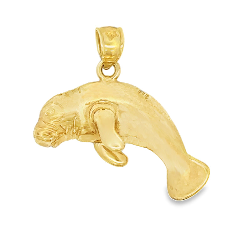 14Kt Yellow Gold Swimming Manatee Pendant, open back.  Dimensions:&nbsp; 3/4" drop" , 1-1/4" Wide,&nbsp;