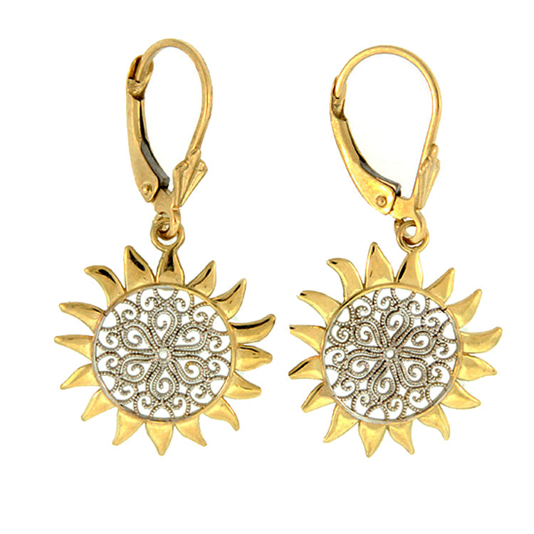 14Kt Yellow and White Gold Filigree Sun Earrings on Leverbacks
