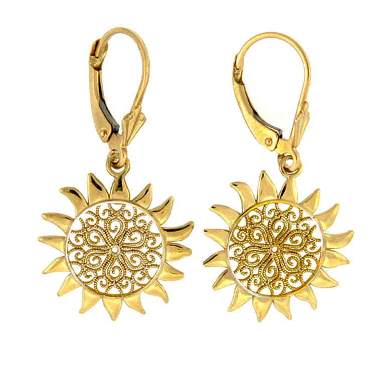 14Kt Yellow Gold Filigree Sun Earrings on Leverbacks