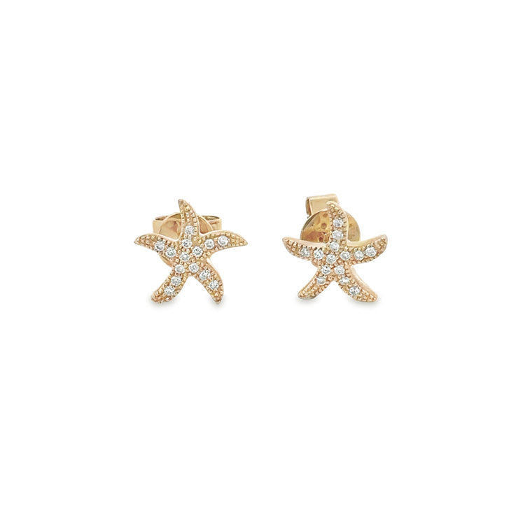 14Kt Yellow Gold Starfish Stud Earrings with .10 TW Diamonds. Dimensions: 10mm x 10mm .