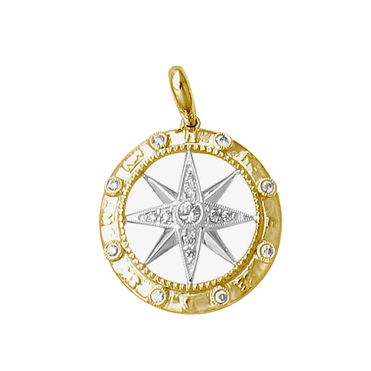 14kt Yellow and White Gold Diamond Compass Rose Pendant with .05TW of Diamonds. Dimensions: 3/4" Drop Including Bail, 1/2" Compass Rose Diameter