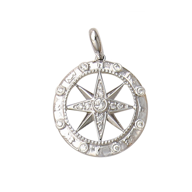 14Kt White Gold Compass Rose Pendant with .05TW of Diamonds. Dimensions: 3/4" Drop including bail, 1/2" Compass Rose Diameter