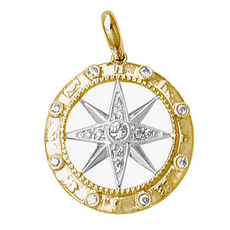 14Kt Yellow and White Gold Compass Rose Pendant with .18TW Diamonds. 3/4" diameter.