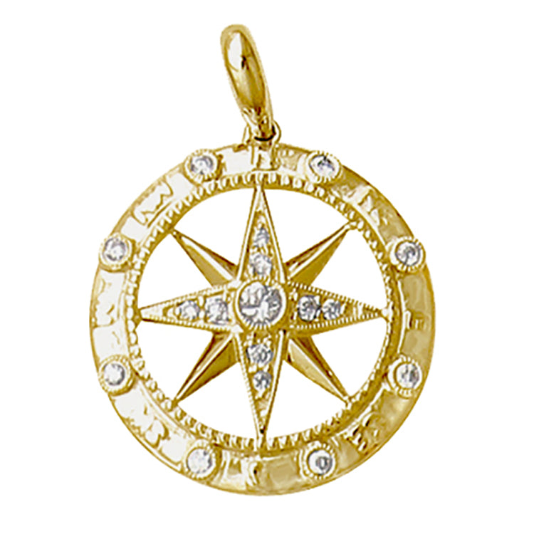 14kt Yellow Gold Diamond Compass Rose Pendant with .18TW of Diamonds. Dimensions: 1" Drop including the Bail, 3/4" Width