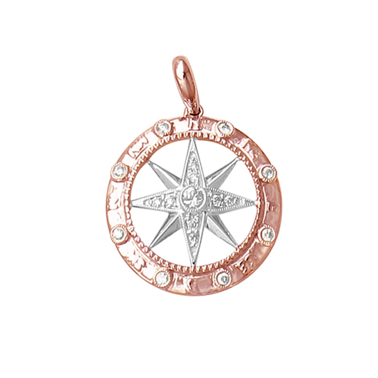 14Kt Pink and White Gold Compass Rose Pendant with .05tw of Diamonds. Dimensions: 3/4" Drop Including Bail, 1/2" Compass Rose Diameter