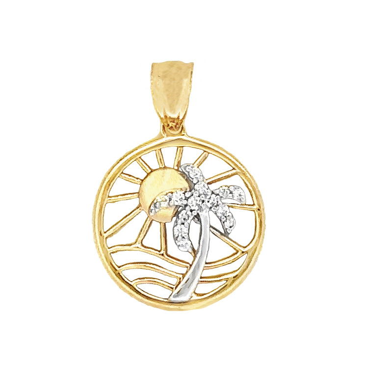 Sun and Palm Tree Pendant, 14Kt