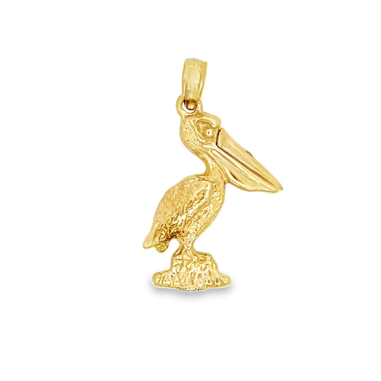 14Kt Yellow Gold Solid Pelican Pendant with Moveable Beak.This whimsical Pelican Pendant, made from 14kt gold, features a moveable beak ready to catch its next fish. A playful and unique addition to any jewelry collection.  Dimensions; 7/8&quot; drop, 1/2&quot; wide, 3-D