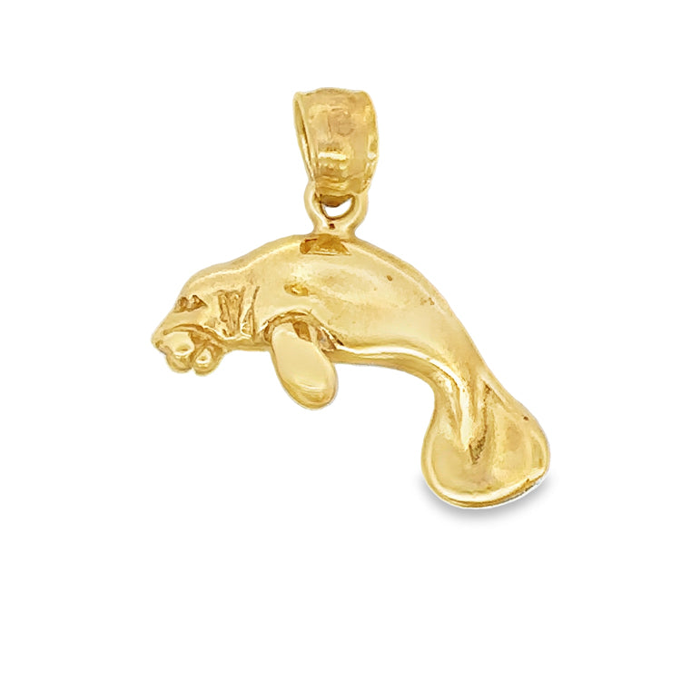 14Kt Yellow Gold Medium Swimming Manatee Pendant, 3-D  Dimensions: 3/4&quot; drop&quot; , 7/8&quot; Wide,