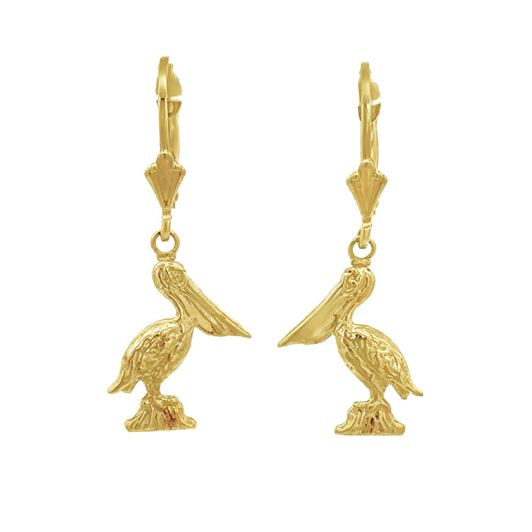 14Kt Yellow Gold 3-D Pelican Lever back Dangle Earrings.  Dimensions; 1/2" tall, 1/4" wide, 1" total drop